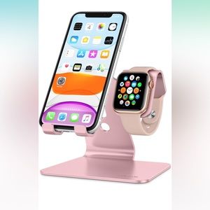 Rose gold iPhone stand and Apple Watch